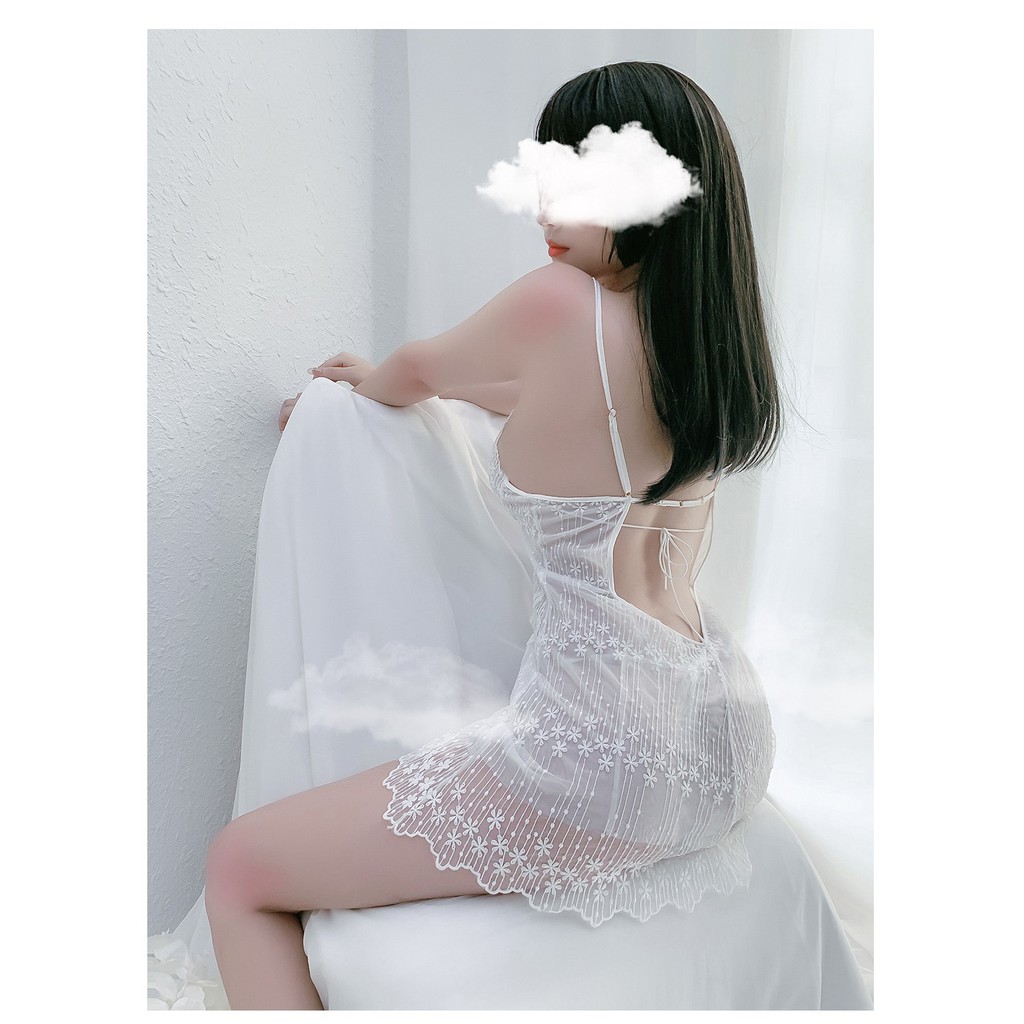 Đầm ngủ sexy 2 dây họa tiết hoa ren xuyên thấu gợi cảm