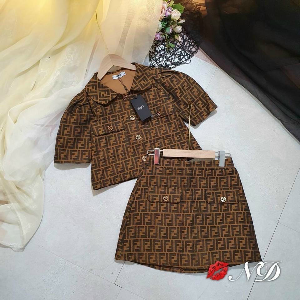 Sét váy nữ áo cổ sen tay ngắn phối nút (có lót) mix chân váy chữ A  họa tiết xinh xắn thời trang nữ công sở, dạo phố