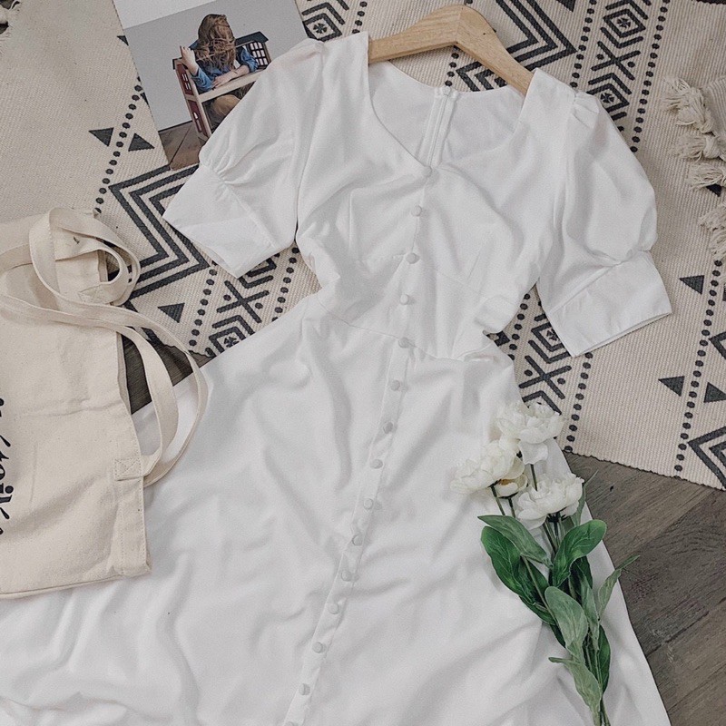 ĐẦM CỔ V NÚT BỌC MIDI