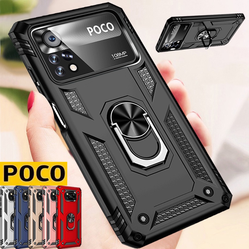 Áo giáp cứng sang trọng và Vỏ điện thoại chống sốc bằng silicon mềm với chân đế vòng kim loại Poco X4 Pro Poco X3 Pro Poco X3 NFC Poco F3 Poco M3 Poco M4 Pro