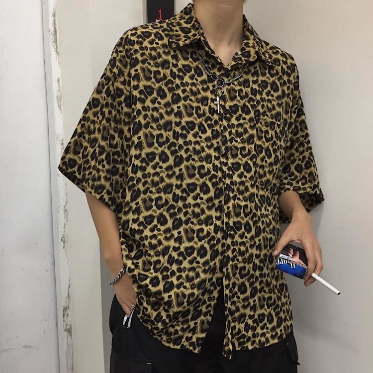 Áo Sơ Mi Ngắn Tay Họa Tiết Da Báo Phối Túi Thời Trang Phong Cách Unisex