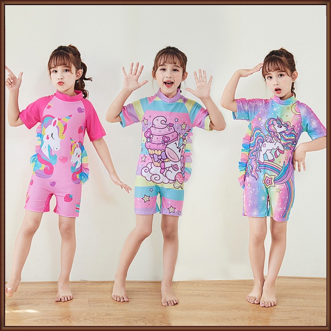 Bộ Đồ Bơi 2 Mảnh Ngắn Tay Họa Tiết Kỳ Lân Hoạt Hình Đáng Yêu Cho Trẻ Em Gái