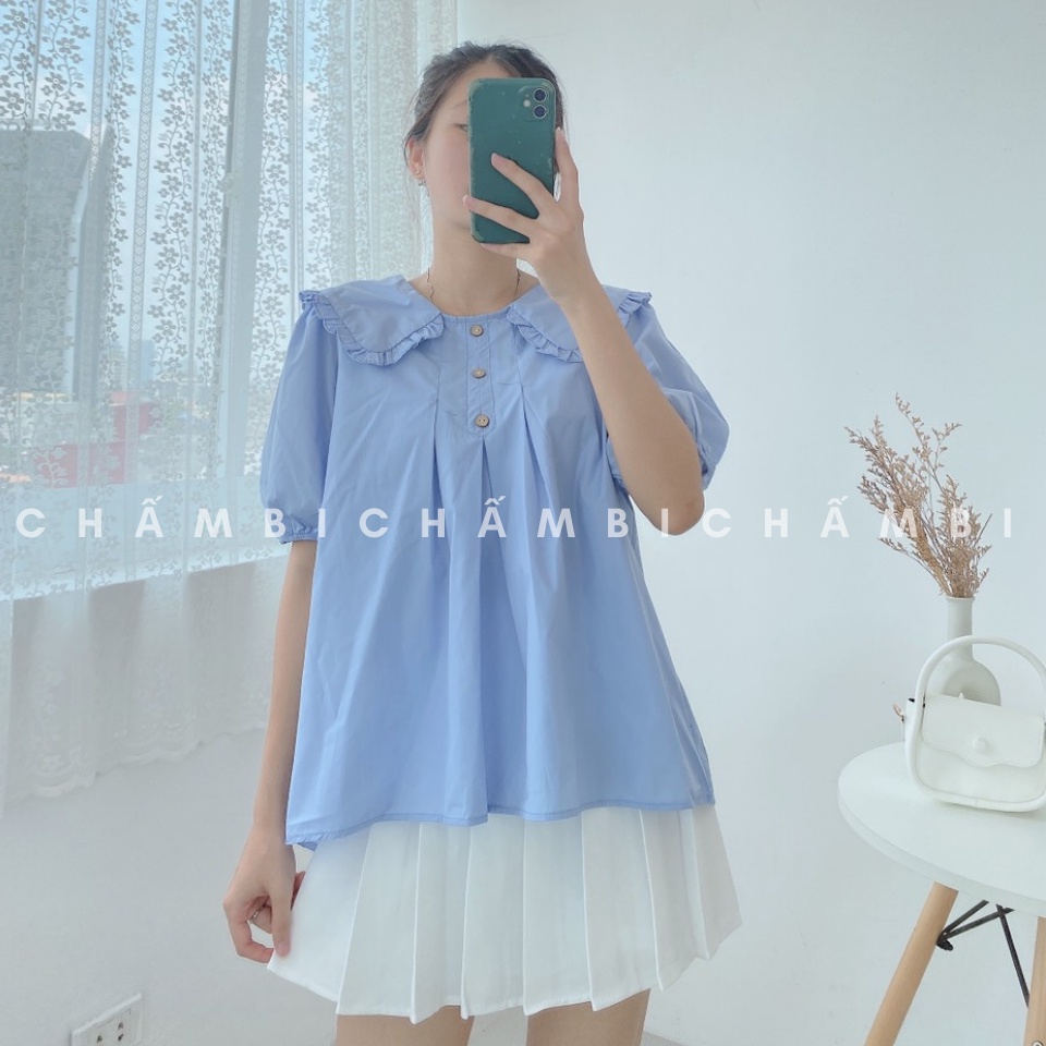 Áo sơ mi babydoll A.229, Áo sơ mi cổ thủy thủ bèo sen hàng 3 cúc ngực cực xinh