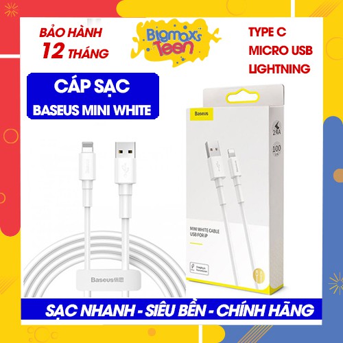 Dây sạc nhanh Baseus mini white - Cáp sạc iphone, samsung, android, bảo hành 12 tháng