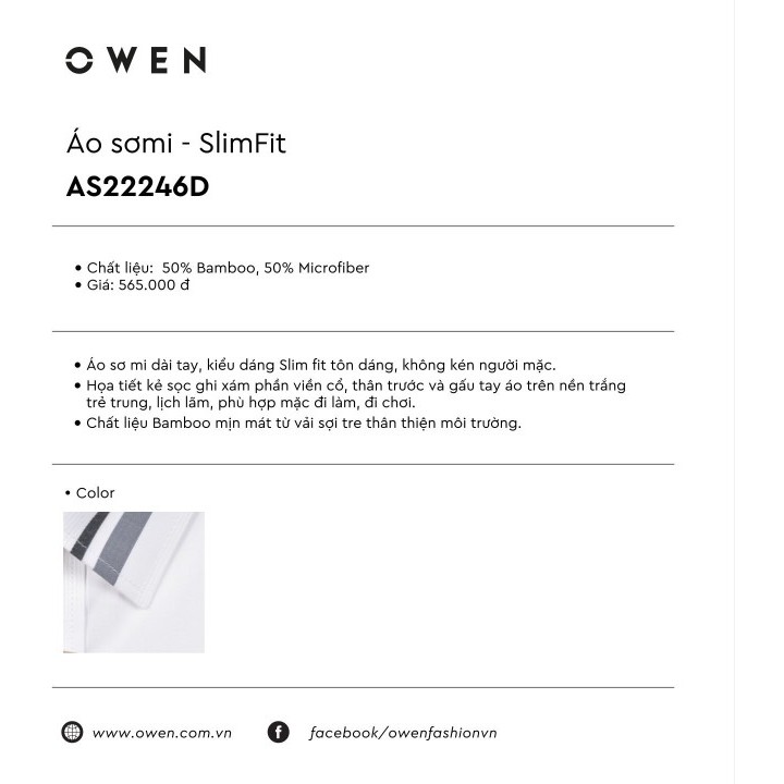 OWEN - Áo sơ mi dài tay Owen SLIMFIT CHẤT SỢI TRE 22246