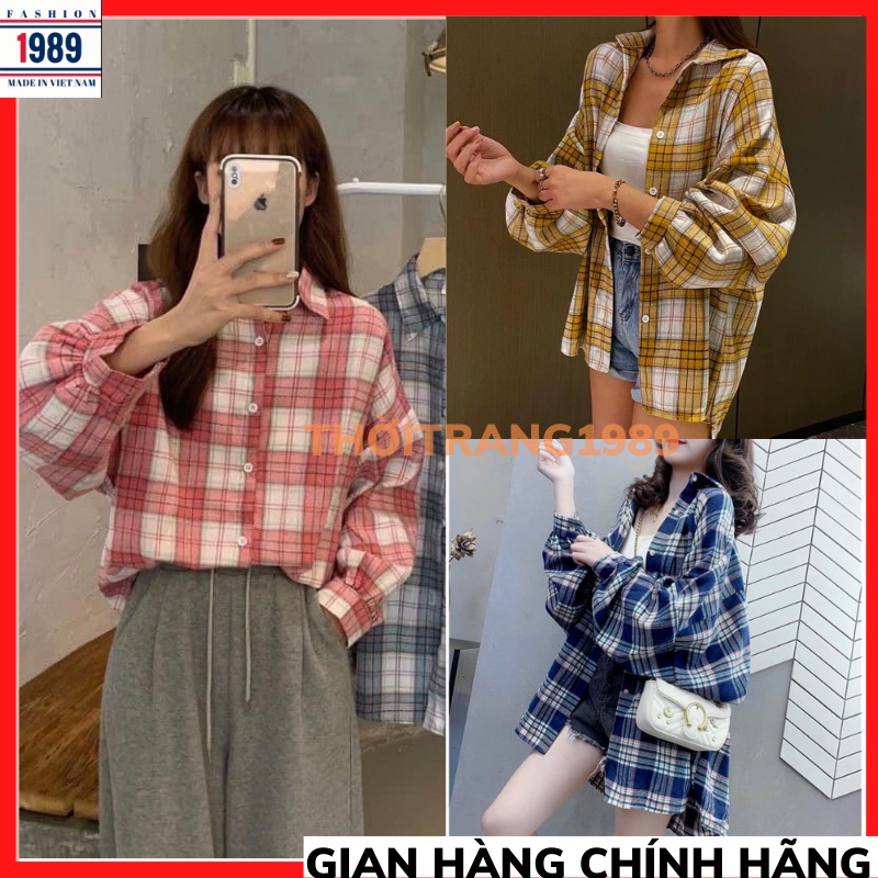 Áo sơ mi kẻ caro 4 màu 1 túi lệch dài tay phom rộng unisex/ Áo khoác chống nắng oversize nam nữ kẻ caro THỜITRANG1989 🍀