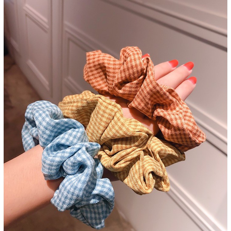 cột tóc vải scrunchies buộc tóc vải họa tiết kẻ caro nhỏ loại đẹp hot trend PK23