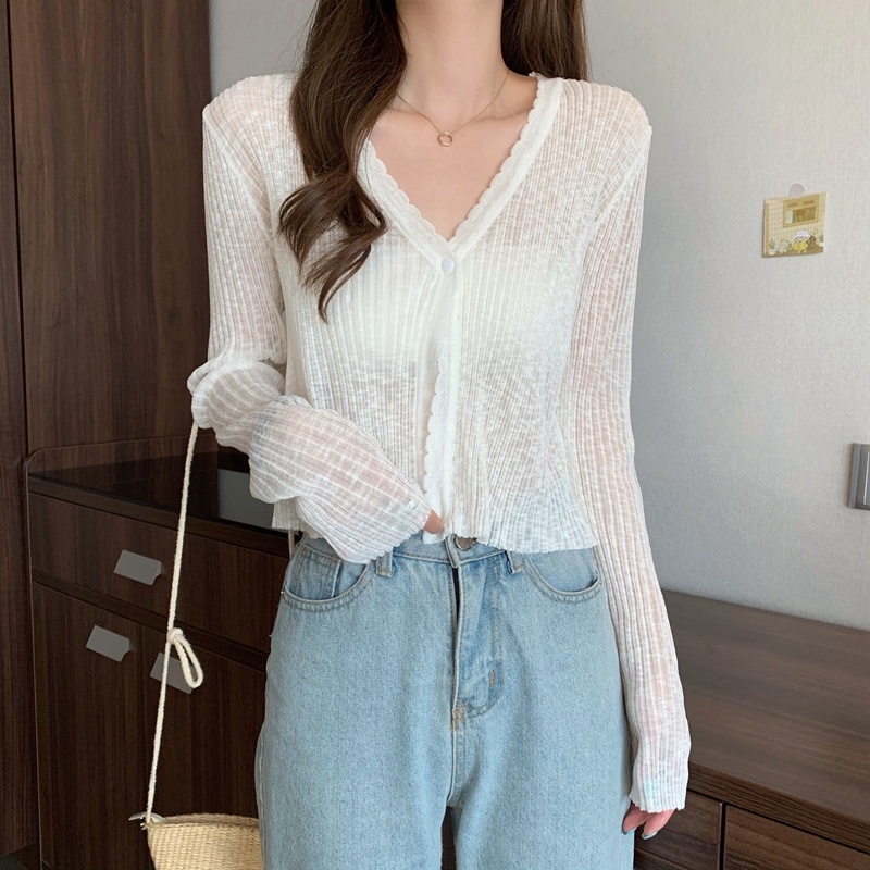【ZHELIHANGFEI】Áo Khoác Cardigan Dệt Kim Tay Dài Cổ Chữ V Chống Nắng Lưng Cao Phong Cách Quyến Rũ