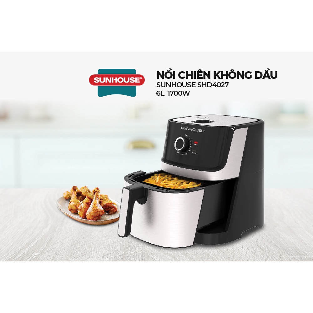 Nồi chiên không dầu 6LSunhouse SHD4027 dung tích 6L, chiên gà vịt nguyên con | Lớp chống dính đa lớp siêu bền, an toàn