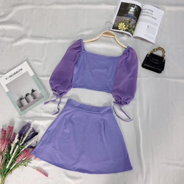 Set Đồ Chân Váy Ngắn Chữ A Áo Croptop Cổ Vuông Tay Lỡ Phối Voan Trắng Tím DRSET06