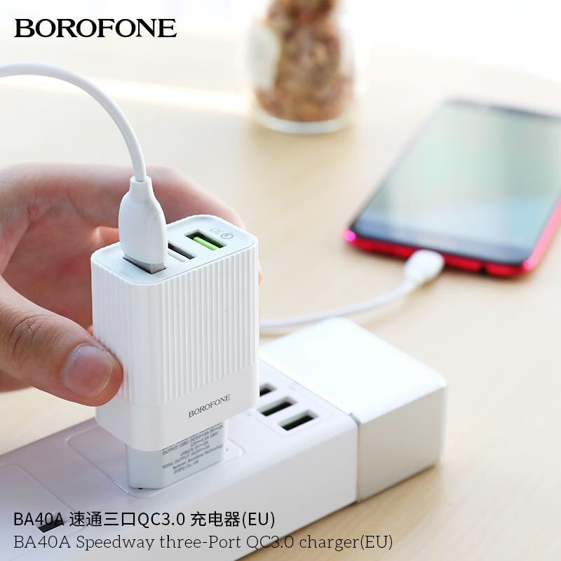 Cốc/Củ sạc nhanh QC 3.0 BOROFONE BA40A 3 cổng USB chính hãng, hỗ trợ sạc nhanh tối đa 18W