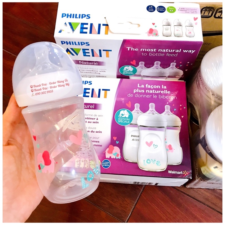✔️Bình sữa Avent Natural Hoạ Tiết Voi Xanh/ Voi Hồng/ Cá Ngựa - 260ml