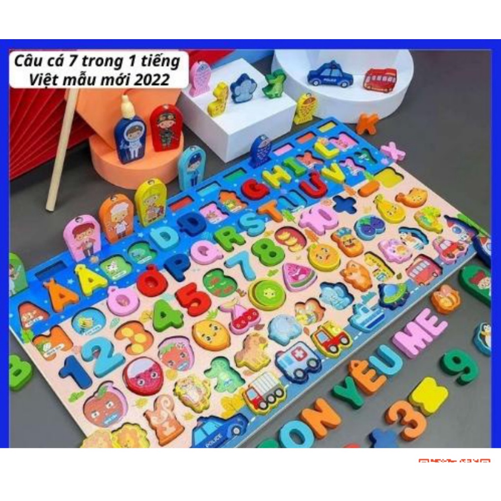 Đồ chơi trẻ em bộ câu cá, xếp hình, ghép chữ tiếng việt 6 -7 in 1 bằng gỗ mẫu mới năm 2022 cho bé trai,gái 1 -6 tuổi