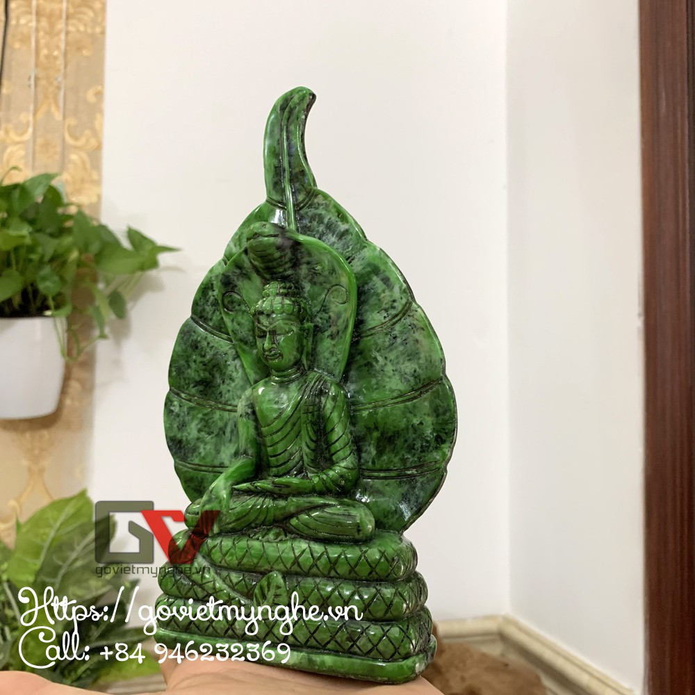 Tượng đá Đức Phật Thích Ca ngồi trong tòa rắn Naga - Màu xanh lục bích - Cao 20cm