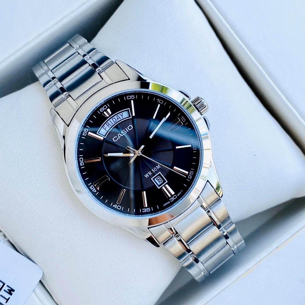Đồng hồ nam tay dây thép sang trọng Casio MTP 1381D-1AV Mặt đen chống nước 5ATM Bảo hành 1 năm Hyma watch