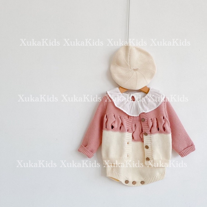 Set Bộ Bé Gái [XukaKids] Áo Khoác Cardigan và Yếm Len Cao Cấp Bé Gái Trắng Hồng Nhún Trước Ngực Len mịn dày dặn