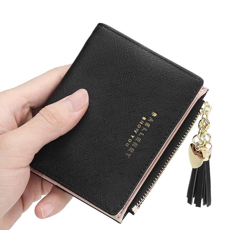 Baellerry Tassel Leather Wallet Women Fold Over Purses Card Wallet Coin Pouches Wallets Purses Female Short Zipper Purse