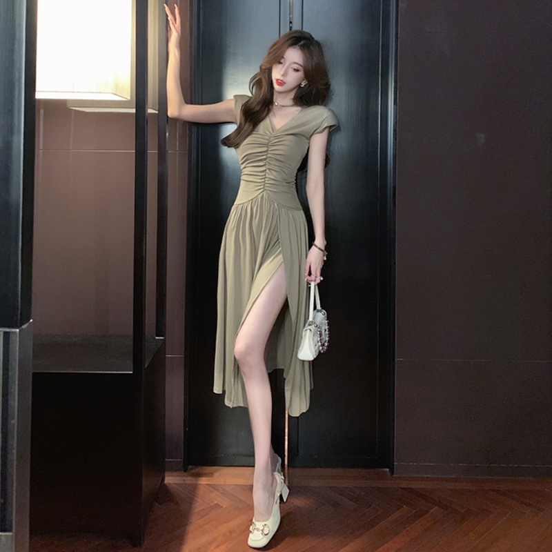 Yujie Đầm Dài Qua Gối Xếp Ly Sát Nách Dáng Ôm Xẻ Tà Phối Dây Bằng Vải Lanh Cotton Kiểu Pháp Váy Summ