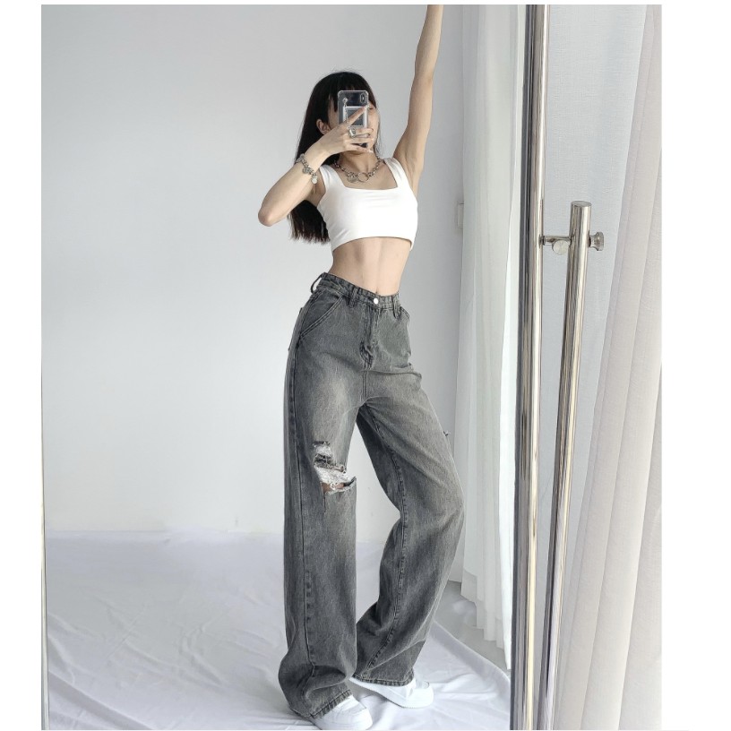Quần Jean Dài Ống Rộng Rách Gối Màu Khói Phong Cách Âu Mỹ Thời Trang Mùa Hè Mới Cho Nữ 2021