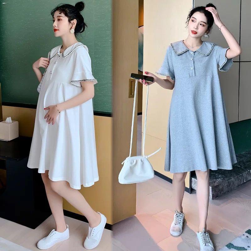 ❁☁Váy bà bầu mùa hè váy lưới màu đỏ thời trang ve áo rộng rãi váy bà bầu có thể đi ra ngoài váy mùa hè dài giữa