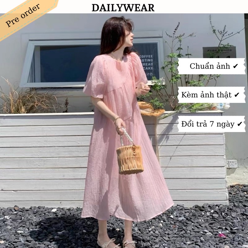Váy suông dài hồng pastel tiểu thư nơ lưng (kèm ảnh thật hàng QC loại đẹp)
