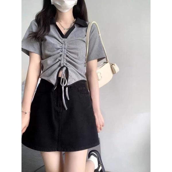 Áo Croptop Ghi cổ sơ mi dây rút ngực giữa Form đẹp phong cách năng động trẻ trung