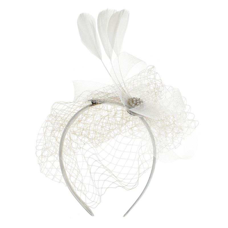 Băng đô cài tóc phối lưới che mặt đính kim cương và lông vũ