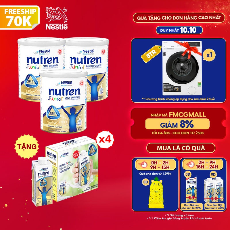 Combo 3 lon sữa bột Nutren Junior cho trẻ từ 1-12 tuổi 850g/lon