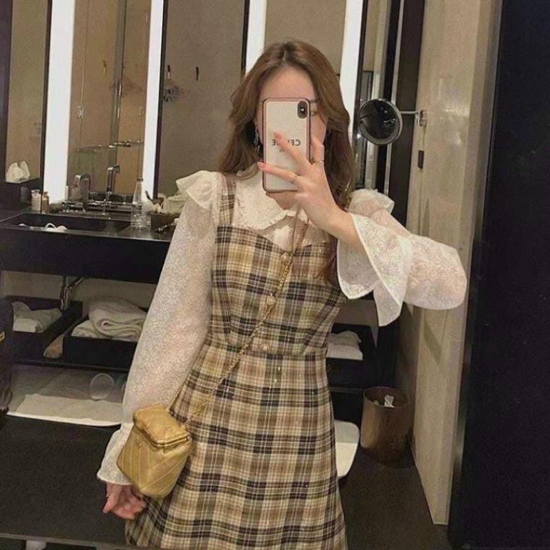 Sét yếm caro sơmi tay loe cực xinh 🥰🥰