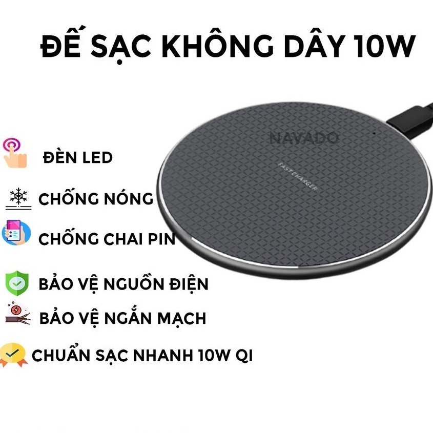 Đế sạc không dây cho điện thoại 10W, sạc ko dây, hỗ trợ sạc nhanh, chống chai pin