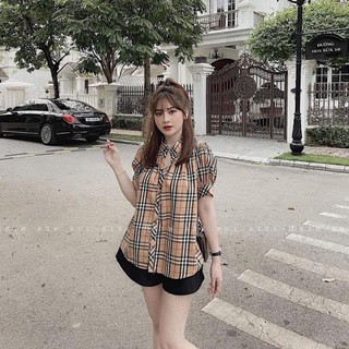 Áo Sơ Mi Kẻ BBR Tay Bồng Cổ Tàu siêu Xinh - Áo Somi Nữ cộc Tay <3