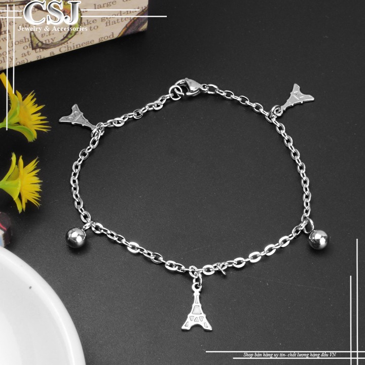 Lắc tay tháp Eiffel cách điệu bi inox titan giá rẻ không đen & gỉ