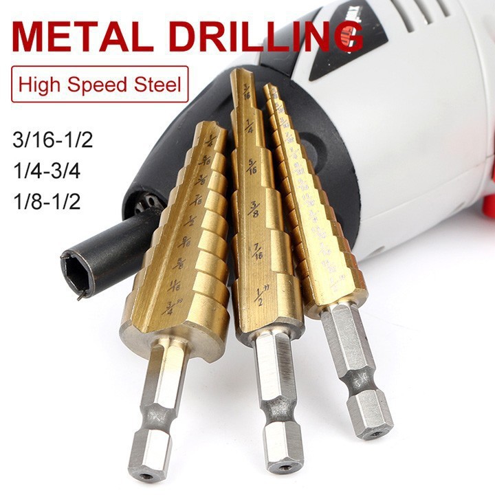 Bộ 3 mũi khoan bước tháp titanium 3.17-19mm khoan sắt,tôn