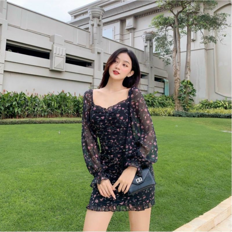 Đầm voan cổ rộng hoa nhún thân