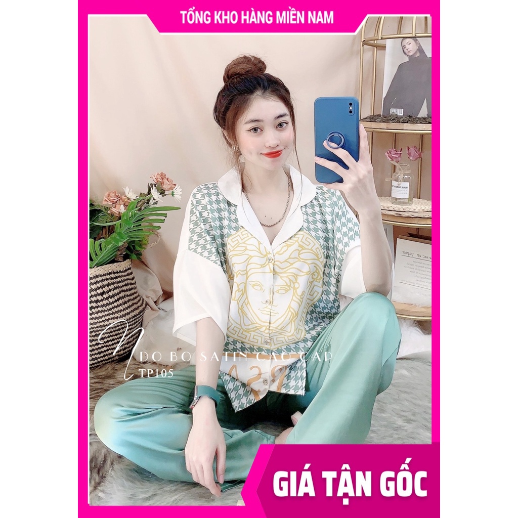 Đồ bộ satin cao cấp chất vải siêu mềm mát cho nữ mặc nhà in họa tiết hoa gấu hoạt hình dễ thương TP105