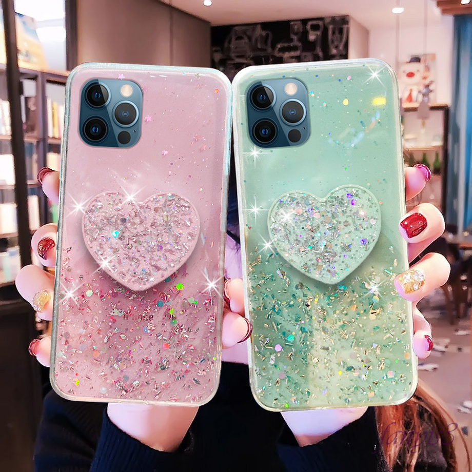 Ốp điện thoại silicone mềm lấp lánh có giá đỡ hình trái tim cho iPhone X Xs Max XR 6 6s 7 8 Plus Max