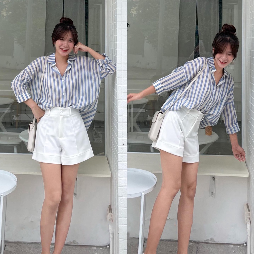 Áo sơ mi Hàn Quốc, Áo sơ mi kẻ sọc form rộng chất đũi style Ulzzang