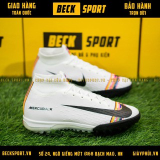 Giày Bóng Đá TQ Mercurial SuperFly CR7 Elite360 Trắng Vạch Đen Cao Cổ TF