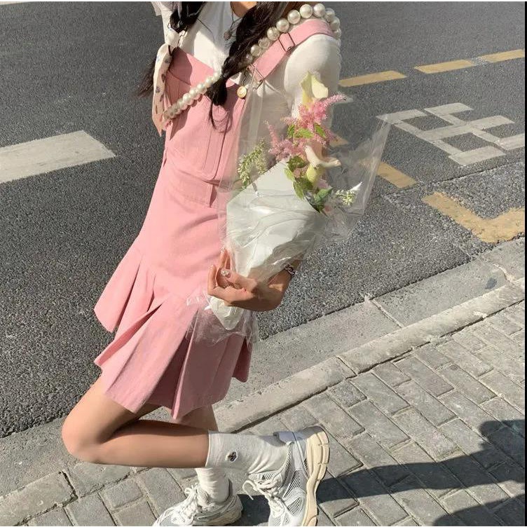 Pink denim strap skirt girls spring and summer style ins Korean version of the new college style girls feel pleated dress trend