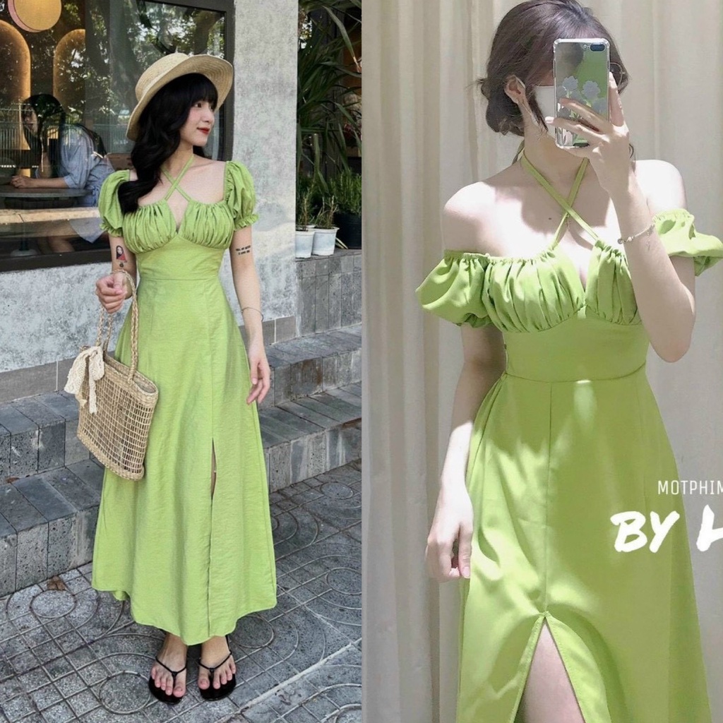 Đầm nữ maxi xẻ tà cổ yếm tay cột nơ xếp ly ngực ( có mút ngực ) thời trang nữ phù hợp mọi phong cách