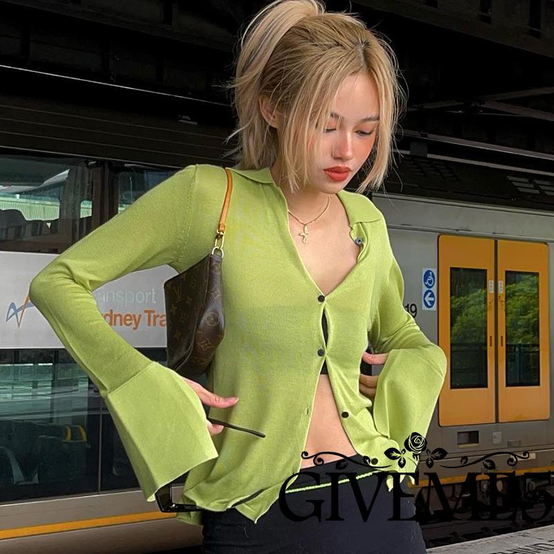 Áo Sơ Mi Mỏng Tay Dài Cổ Chữ V Cài Nút Màu Trơn Cho Nữ