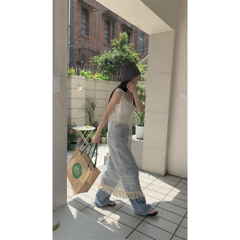 Váy lưới trắng dáng dài dệt kim lưới rỗng tua rua phong cách retro