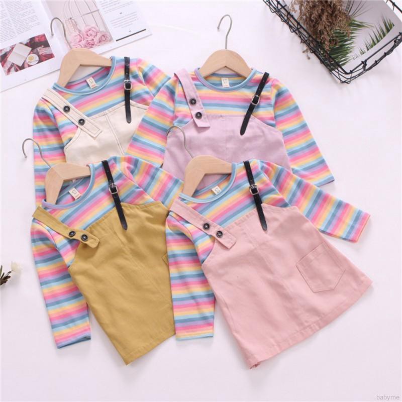 Babyme Autumn Baby Girls Rainbow Stripe Print Long Sleeve Fake 2 Piece Dress Kids Princess Dresses