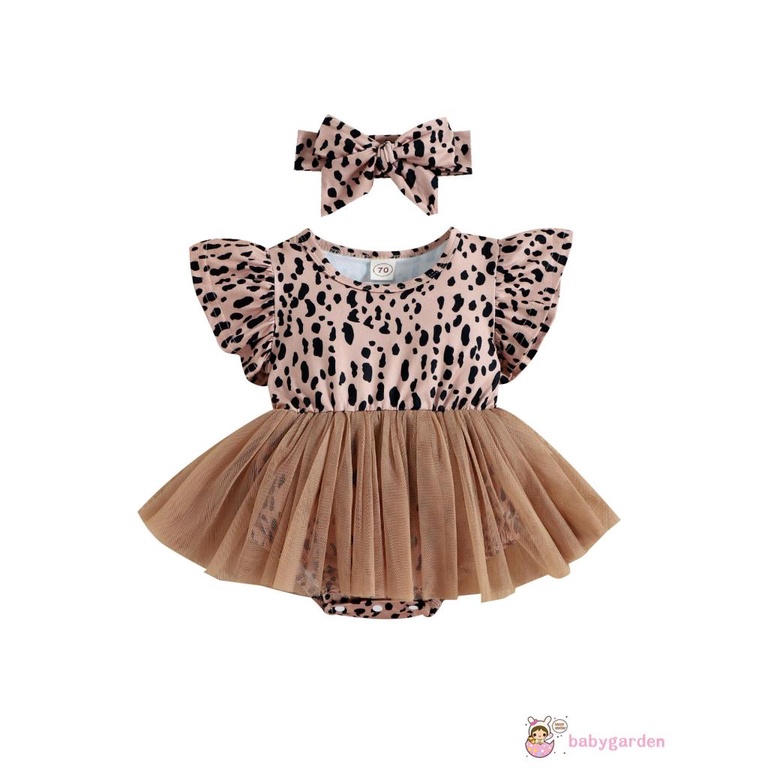 BABYGARDEN-0-12months Baby Girl Summer Outfit, Leopard Print Tulle Flying-Sleeve One Piece Romper + Hairband
