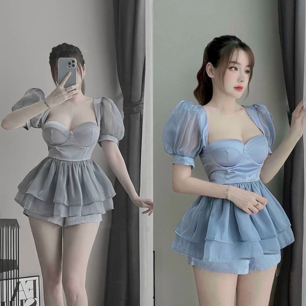 Sét áo xòe 2 lớp bèo lai phối quần ngắn mẫu có mút ngực chất liệu lụa satin