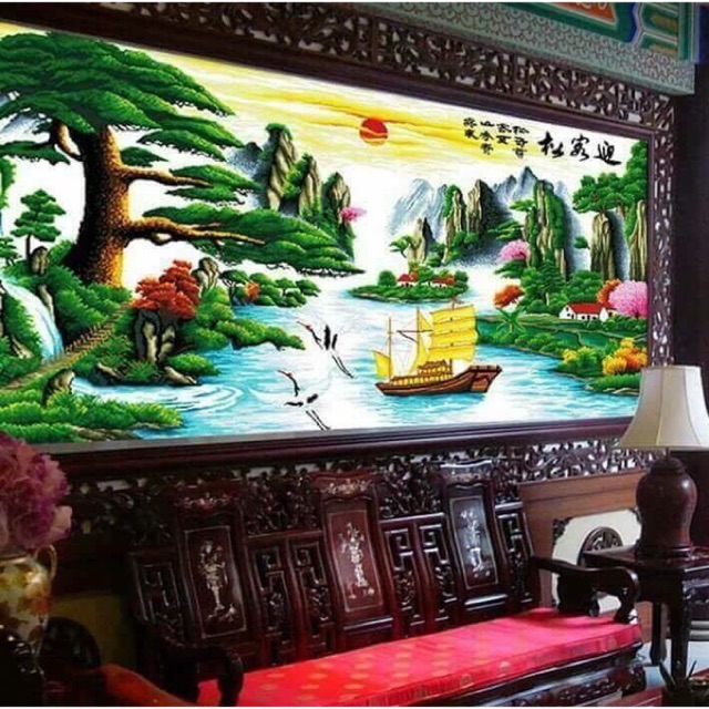 Tranh thêu chữ thập phong cảnh khổ lớn 195x103cm ( thuận buồn xuôi gió)❤️ tặng 10kim thêu❤️