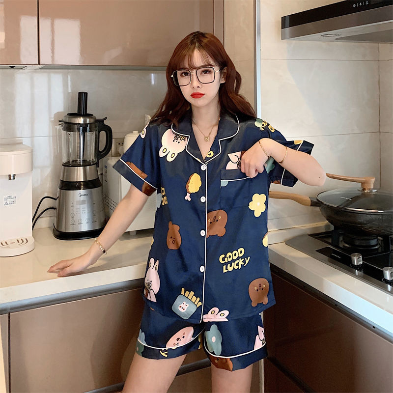 Set Đồ Ngủ Ngắn Vải Lụa In Họa Tiết Dễ Thương Phong Cách Hàn Quốc Cho Nữ đồ mặc nhà thu đông lụa cặp đôi cao cấp nam áo nữ đồ bộ pyjama pijama Đồ ngủ đôi