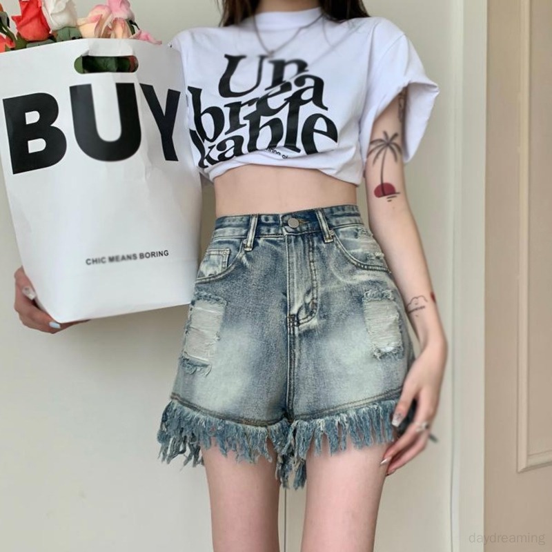 Quần Short Denim Mỏng Lưng Cao Dáng Ôm Kiểu Retro Hàn Quốc Cá Tính
