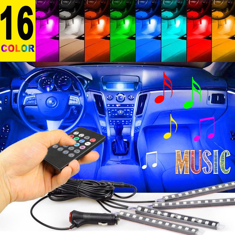 4PCS 12 LED Car Interior Atmosphere Neon Lights Strip Music Control + IR Remote