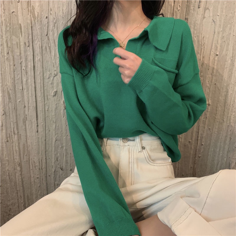 Áo Len Tay Dài Cổ Chữ V Có Túi Phong Cách Mới Cho Nữ